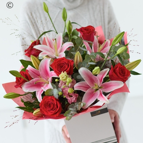 Valentines Large Rose and Lily Handtied